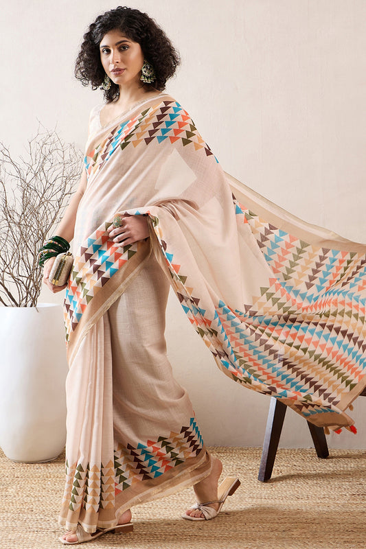 Off White Linen Blend Geometric Printed Saree With Blouse Piece VFSAR1026