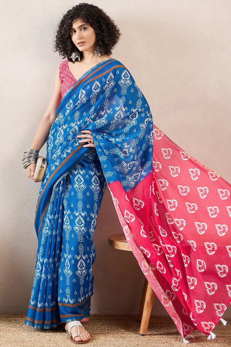 Blue Linen Blend Ikat Printed Saree With Blouse Piece VFSAR1027