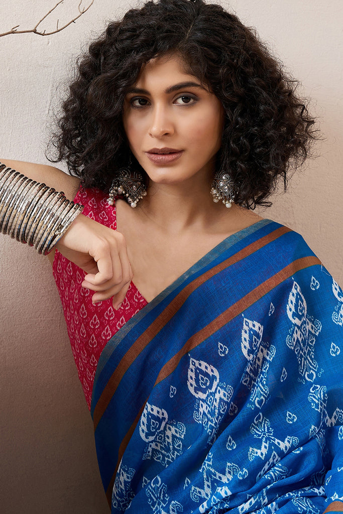 Blue Linen Blend Ikat Printed Saree With Blouse Piece VFSAR1027