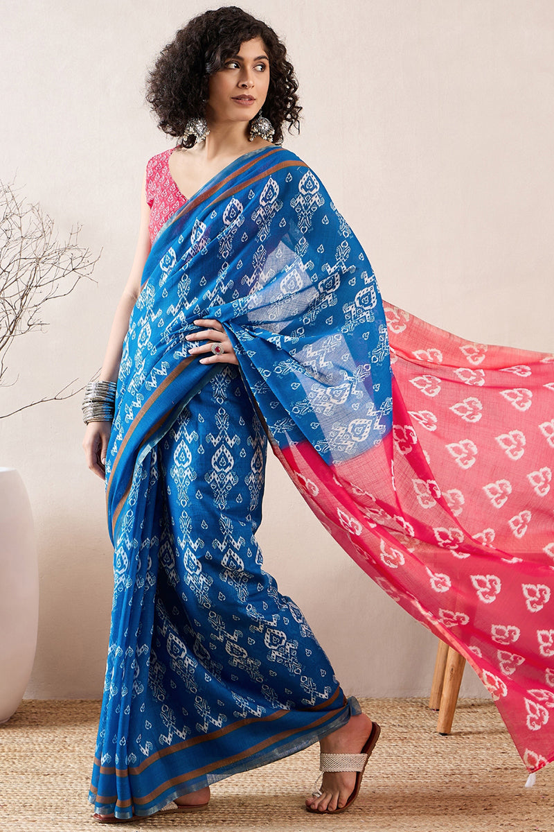 Blue Linen Blend Ikat Printed Saree With Blouse Piece VFSAR1027