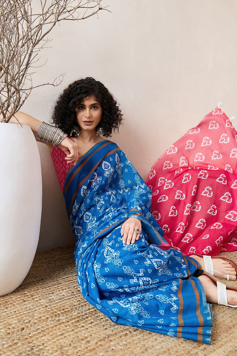 Blue Linen Blend Ikat Printed Saree With Blouse Piece VFSAR1027