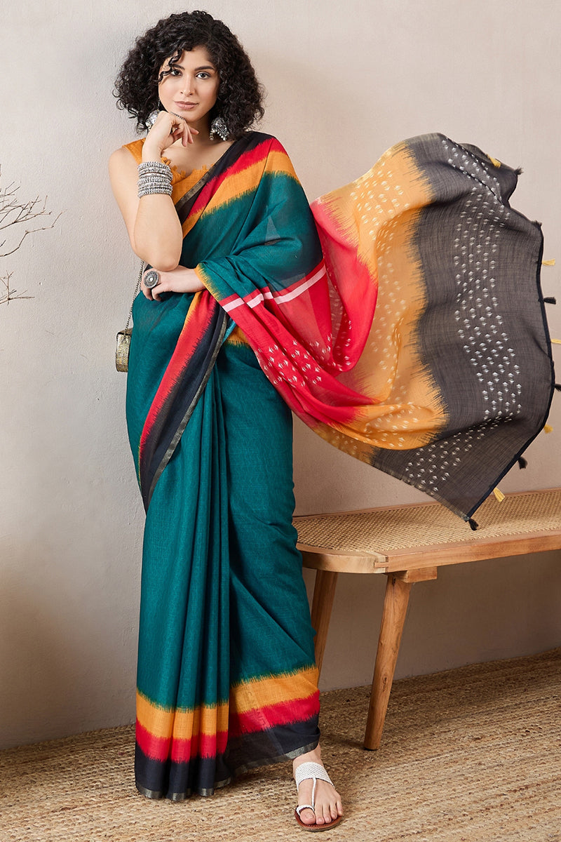 Blue Linen Blend Geometric Printed Saree With Blouse Piece VFSAR1028