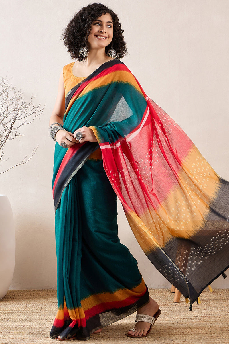 Blue Linen Blend Geometric Printed Saree With Blouse Piece VFSAR1028