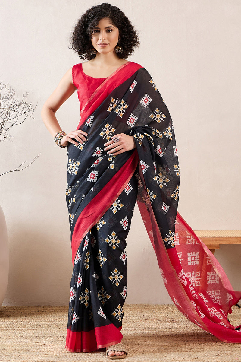 Black Linen Blend Geometric Printed Saree With Blouse Piece VFSAR1029