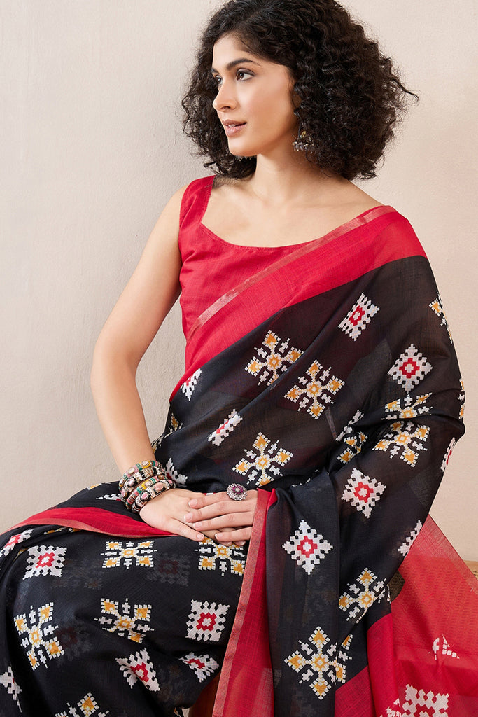 Black Linen Blend Geometric Printed Saree With Blouse Piece VFSAR1029