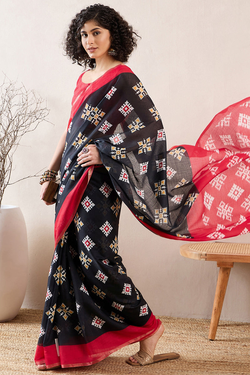 Black Linen Blend Geometric Printed Saree With Blouse Piece VFSAR1029