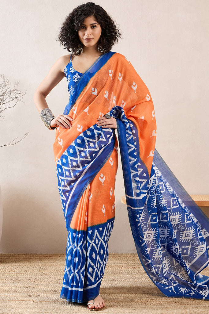 Orange Linen Blend Ikat Printed Saree With Blouse Piece VFSAR1030