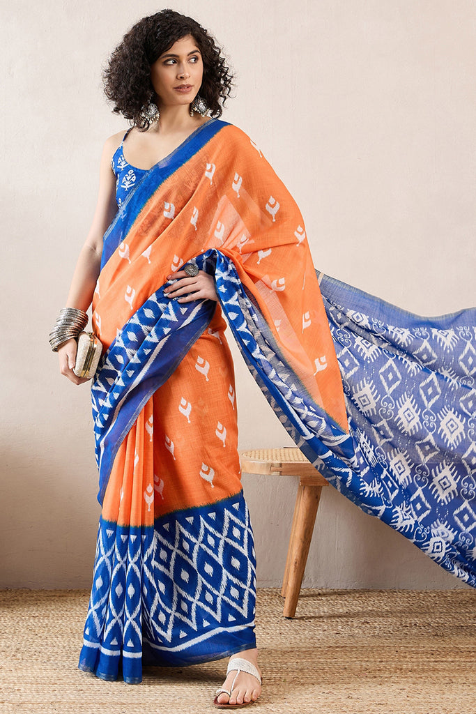 Orange Linen Blend Ikat Printed Saree With Blouse Piece VFSAR1030