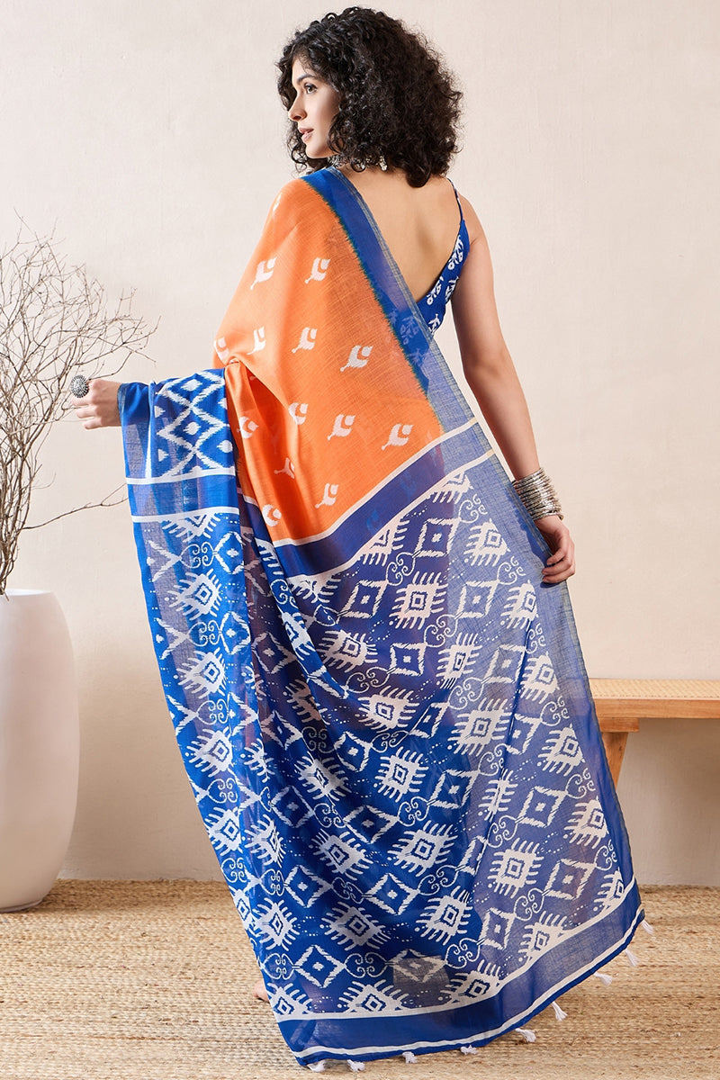 Orange Linen Blend Ikat Printed Saree With Blouse Piece VFSAR1030