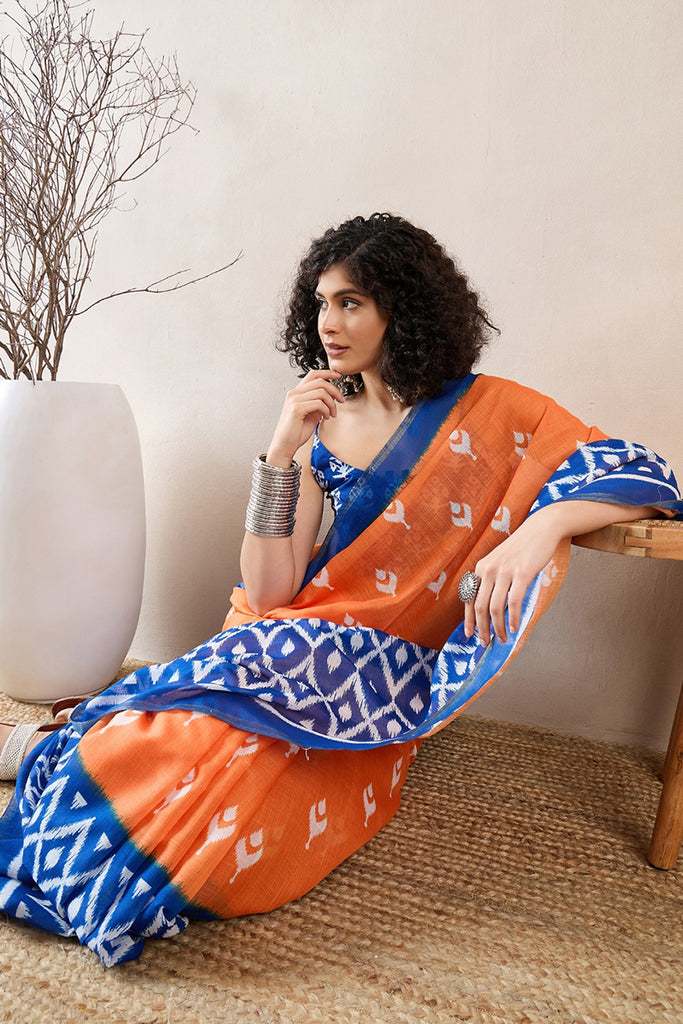 Orange Linen Blend Ikat Printed Saree With Blouse Piece VFSAR1030