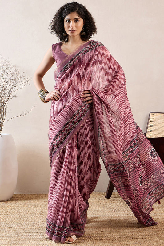 Mauve Linen Blend Geometric Printed Saree With Blouse Piece VFSAR1031