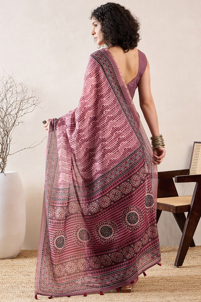 Mauve Linen Blend Geometric Printed Saree With Blouse Piece VFSAR1031