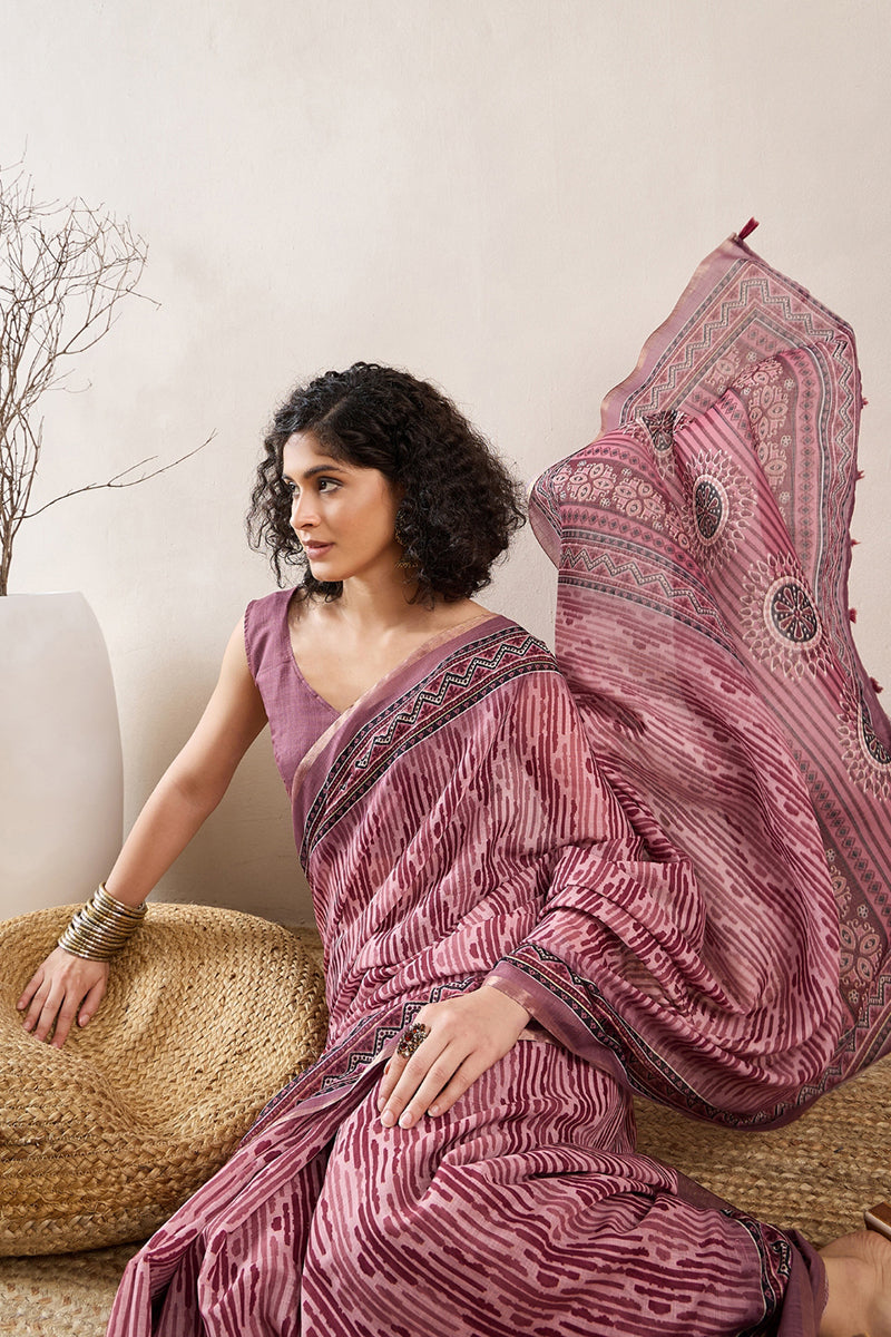 Mauve Linen Blend Geometric Printed Saree With Blouse Piece VFSAR1031