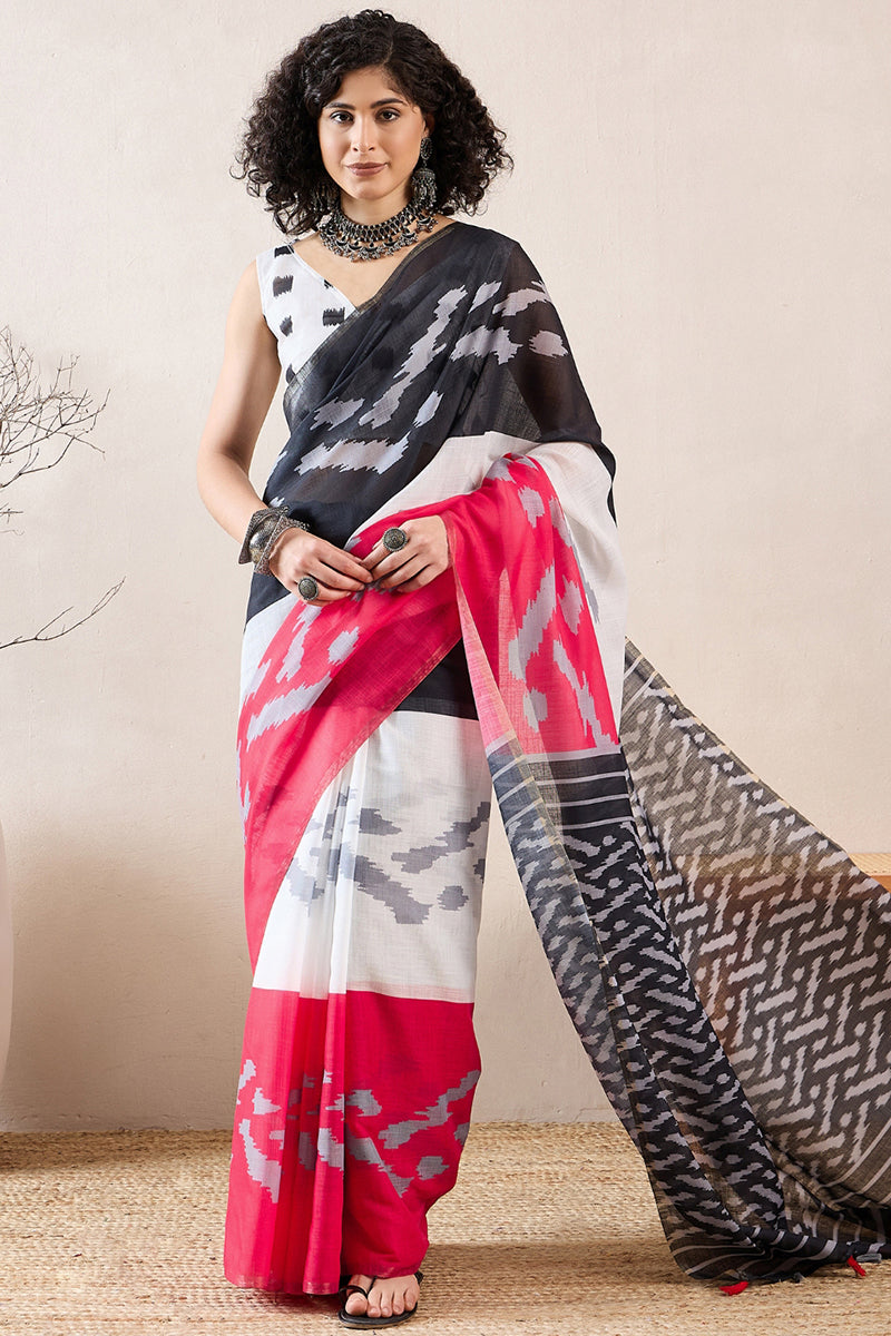 Multi Color Linen Blend Ikat Printed Saree With Blouse Piece VFSAR1033