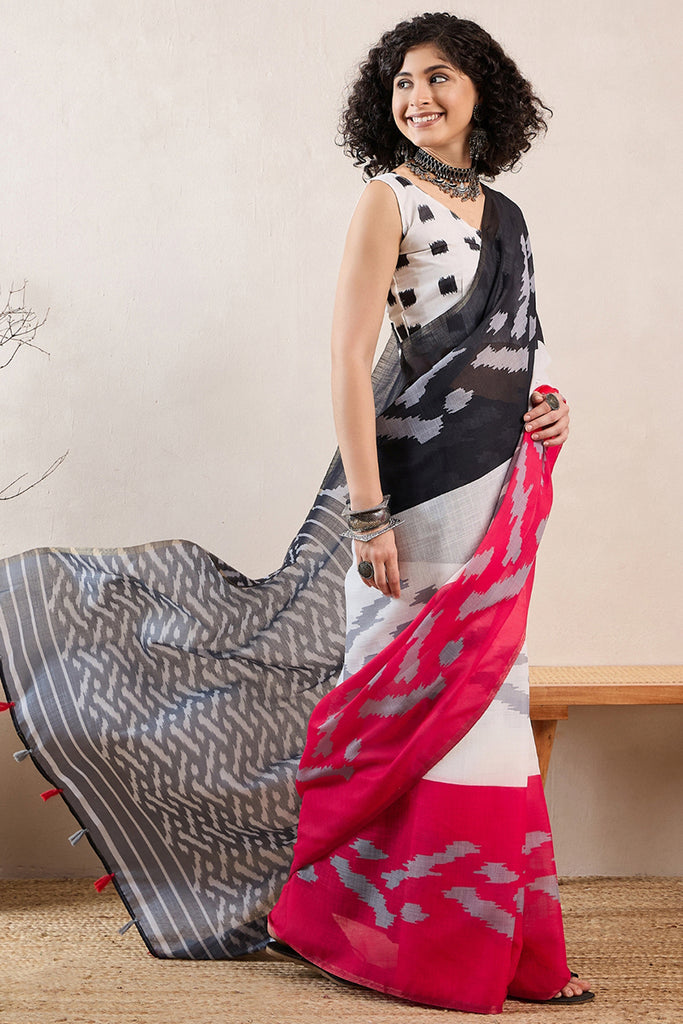 Multi Color Linen Blend Ikat Printed Saree With Blouse Piece VFSAR1033