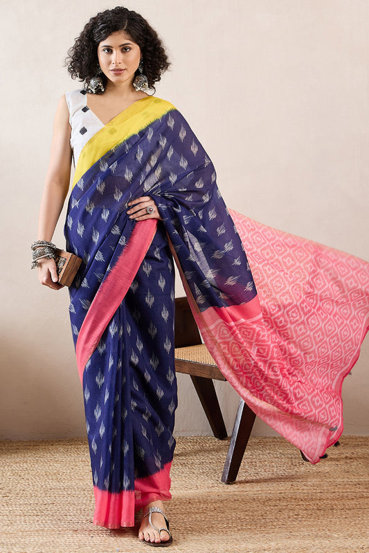 Blue Linen Blend Ikat Printed Saree With Blouse Piece VFSAR1034