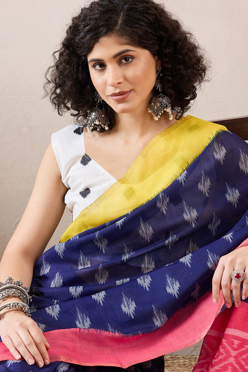 Blue Linen Blend Ikat Printed Saree With Blouse Piece VFSAR1034