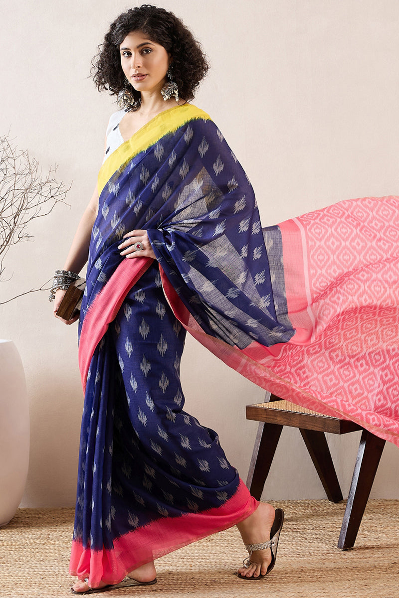 Blue Linen Blend Ikat Printed Saree With Blouse Piece VFSAR1034