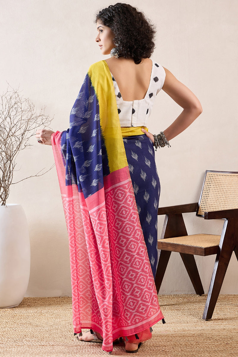 Blue Linen Blend Ikat Printed Saree With Blouse Piece VFSAR1034