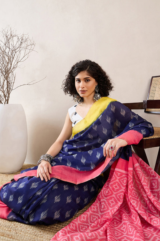 Blue Linen Blend Ikat Printed Saree With Blouse Piece VFSAR1034