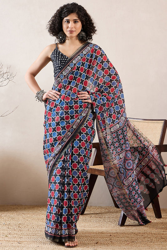 Black Linen Blend Ajrak Printed Saree With Blouse Piece VFSAR1035