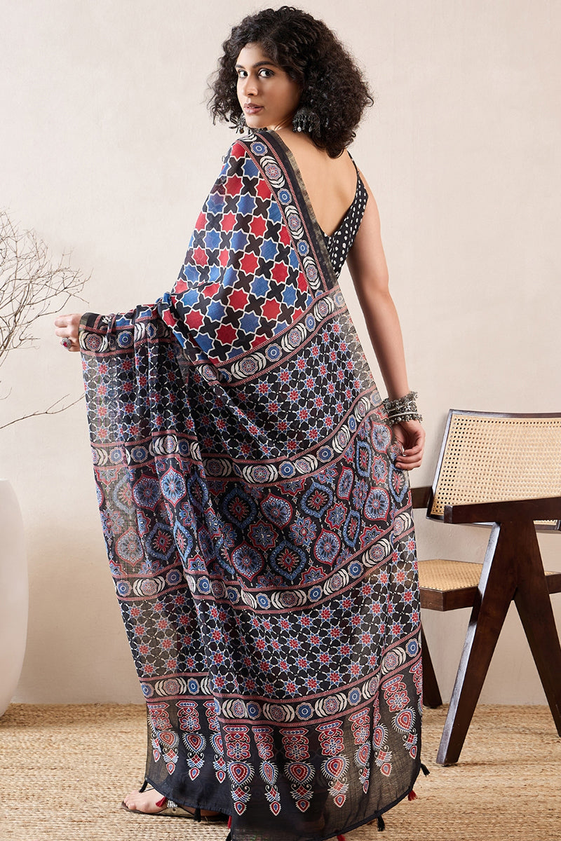 Black Linen Blend Ajrak Printed Saree With Blouse Piece VFSAR1035