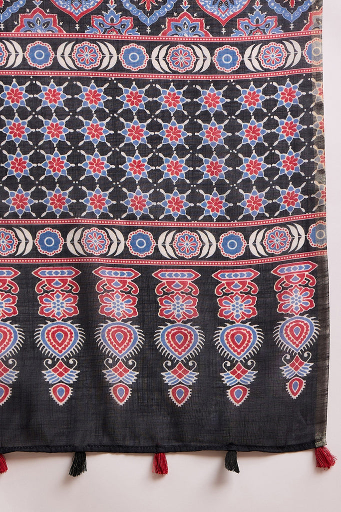 Black Linen Blend Ajrak Printed Saree With Blouse Piece VFSAR1035