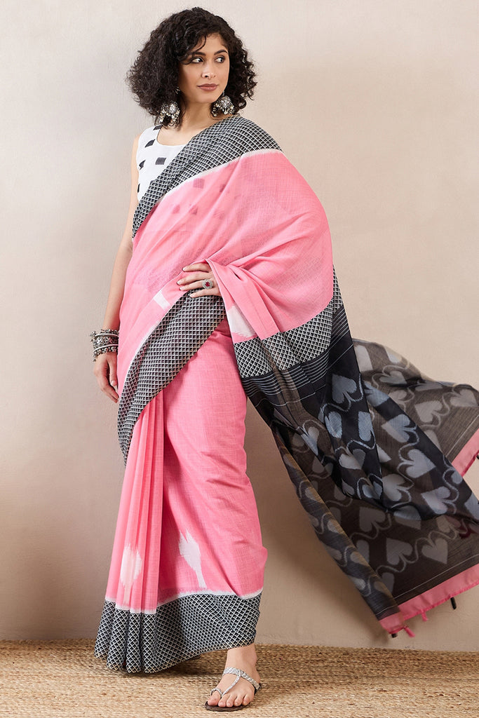 Pink Linen Blend Geometric Printed Saree With Blouse Piece VFSAR1037