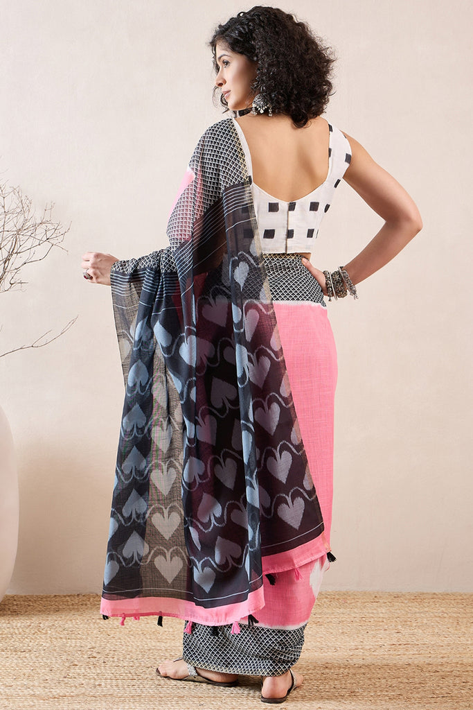 Pink Linen Blend Geometric Printed Saree With Blouse Piece VFSAR1037