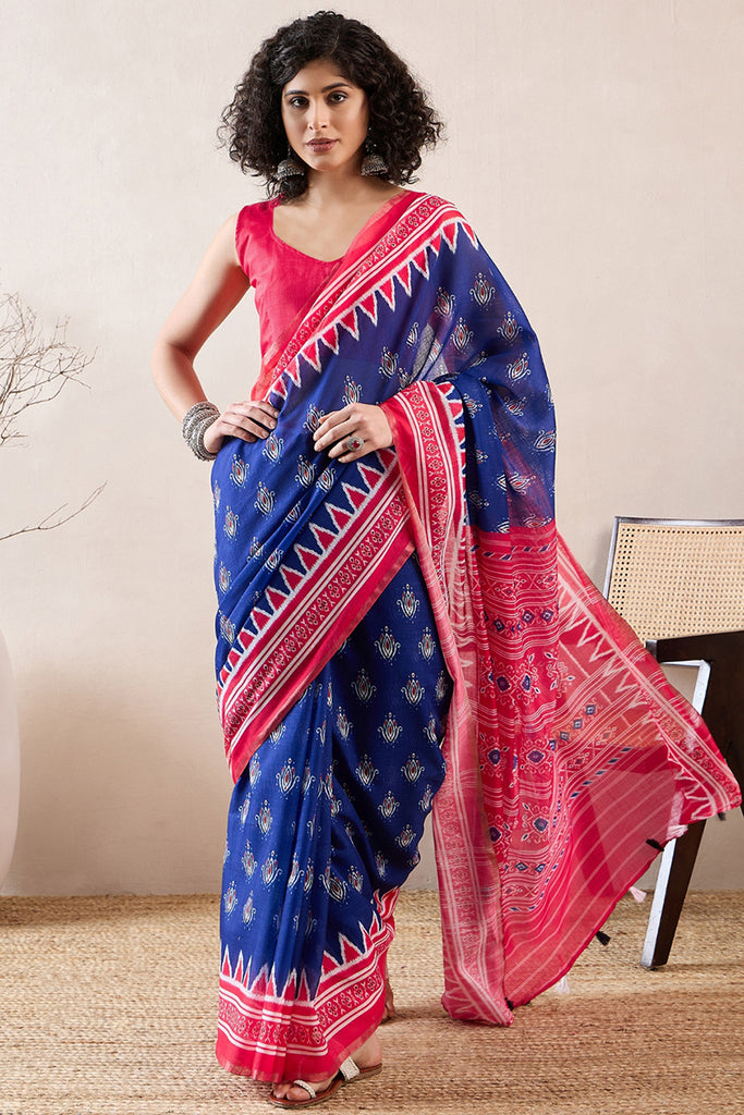 Blue Linen Blend Pochampally Printed Saree With Blouse Piece VFSAR1039