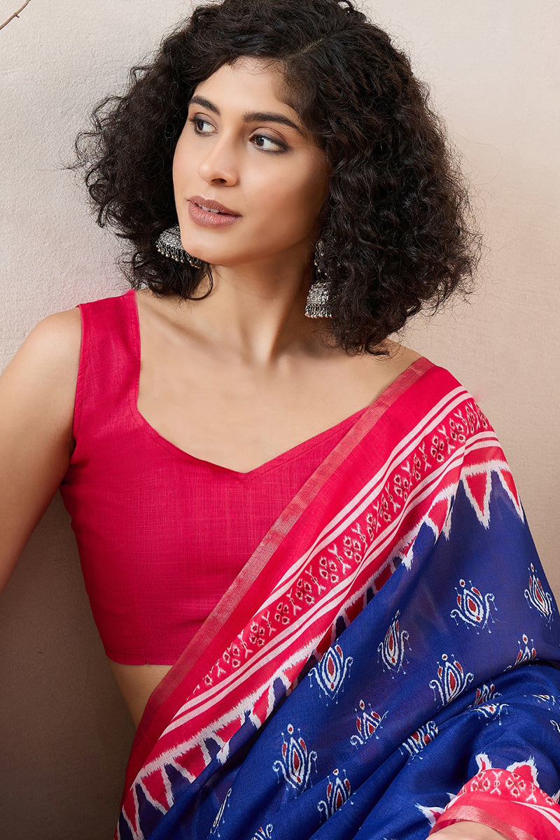 Blue Linen Blend Pochampally Printed Saree With Blouse Piece VFSAR1039