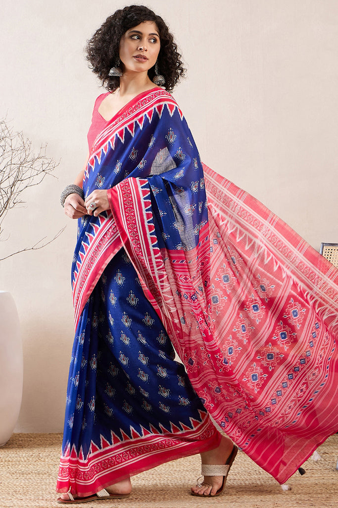 Blue Linen Blend Pochampally Printed Saree With Blouse Piece VFSAR1039