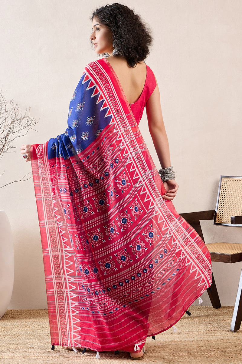 Blue Linen Blend Pochampally Printed Saree With Blouse Piece VFSAR1039