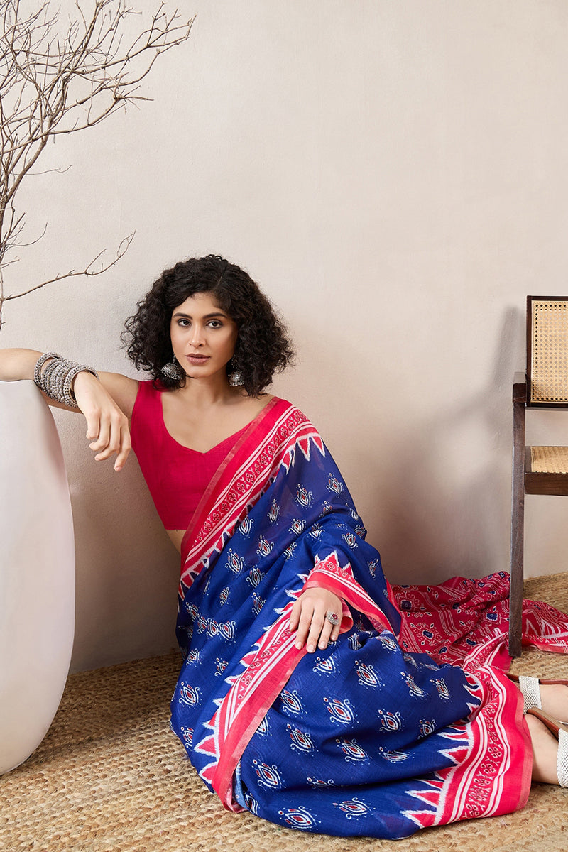 Blue Linen Blend Pochampally Printed Saree With Blouse Piece VFSAR1039