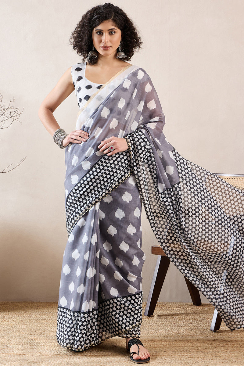 Grey Linen Blend Geometric Printed Saree With Blouse Piece VFSAR1040