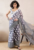 Grey Linen Blend Geometric Printed Saree With Blouse Piece VFSAR1040