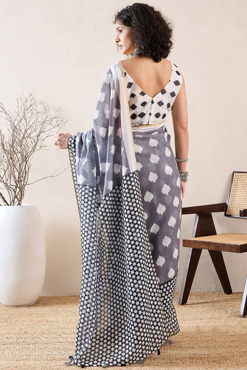 Grey Linen Blend Geometric Printed Saree With Blouse Piece VFSAR1040