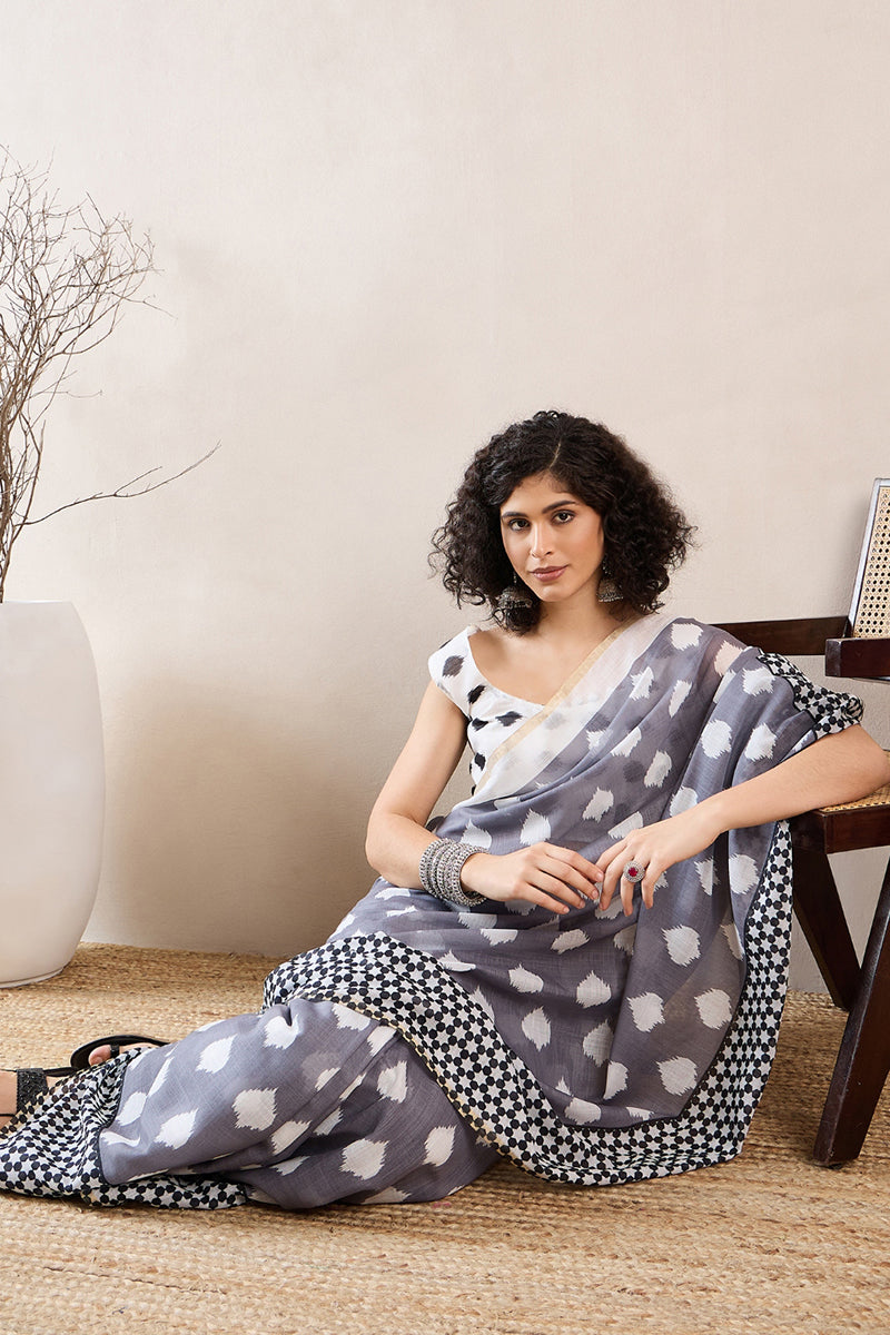 Grey Linen Blend Geometric Printed Saree With Blouse Piece VFSAR1040