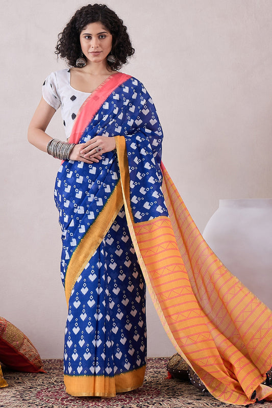 Blue Linen Ikat Printed Saree With Blouse Piece VFSAR1041