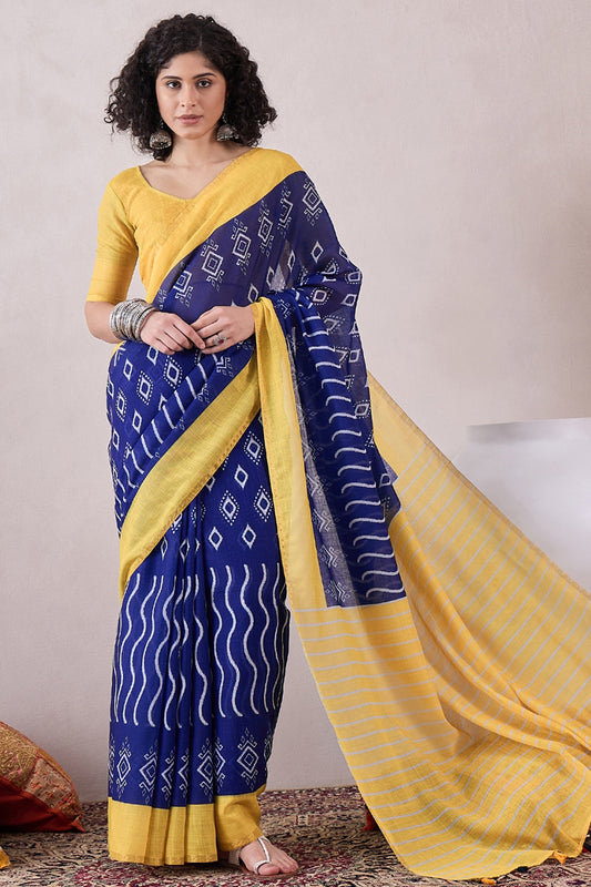 Blue Linen Ikat Printed Saree With Blouse Piece VFSAR1042