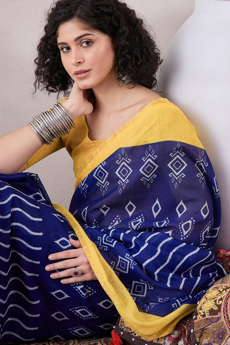 Blue Linen Ikat Printed Saree With Blouse Piece VFSAR1042