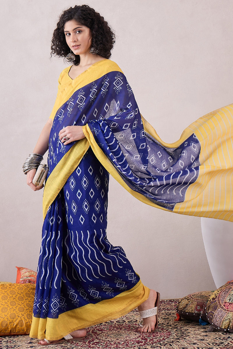 Blue Linen Ikat Printed Saree With Blouse Piece VFSAR1042