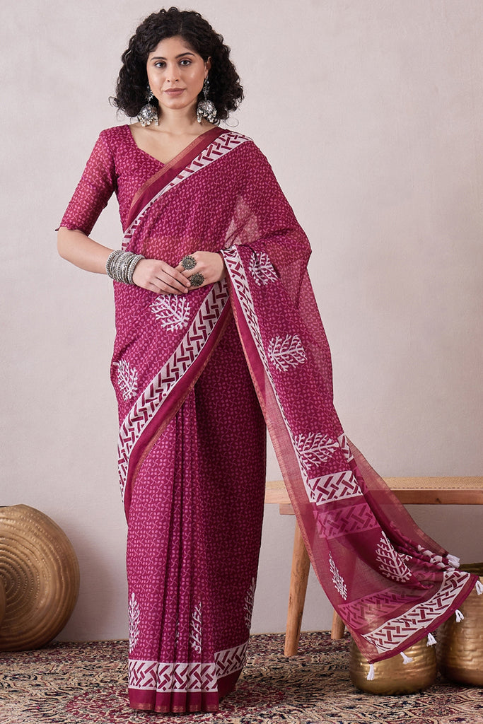 Pink Linen Dabu Printed Saree With Blouse Piece VFSAR1043