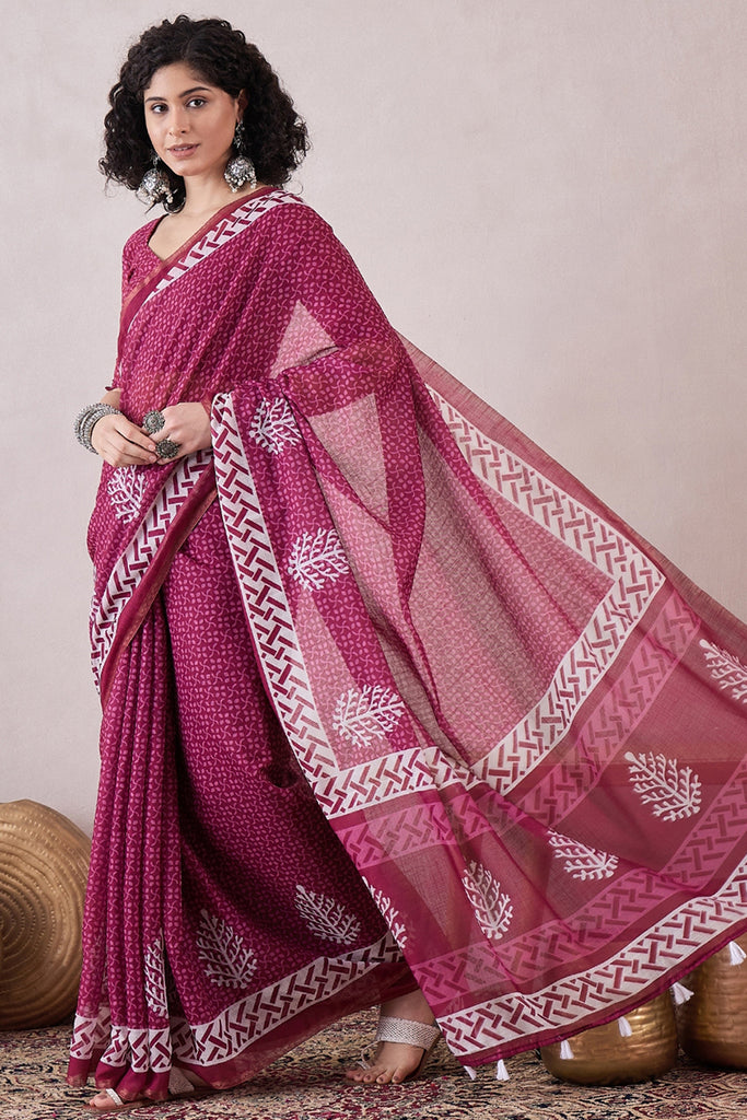 Pink Linen Dabu Printed Saree With Blouse Piece VFSAR1043