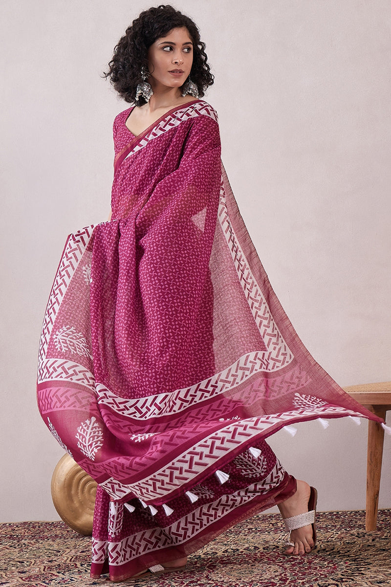 Pink Linen Dabu Printed Saree With Blouse Piece VFSAR1043