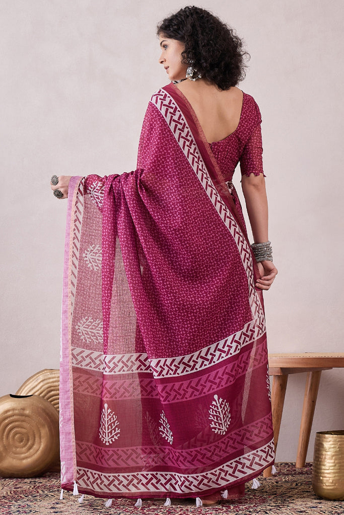 Pink Linen Dabu Printed Saree With Blouse Piece VFSAR1043