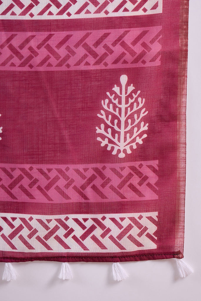 Pink Linen Dabu Printed Saree With Blouse Piece VFSAR1043