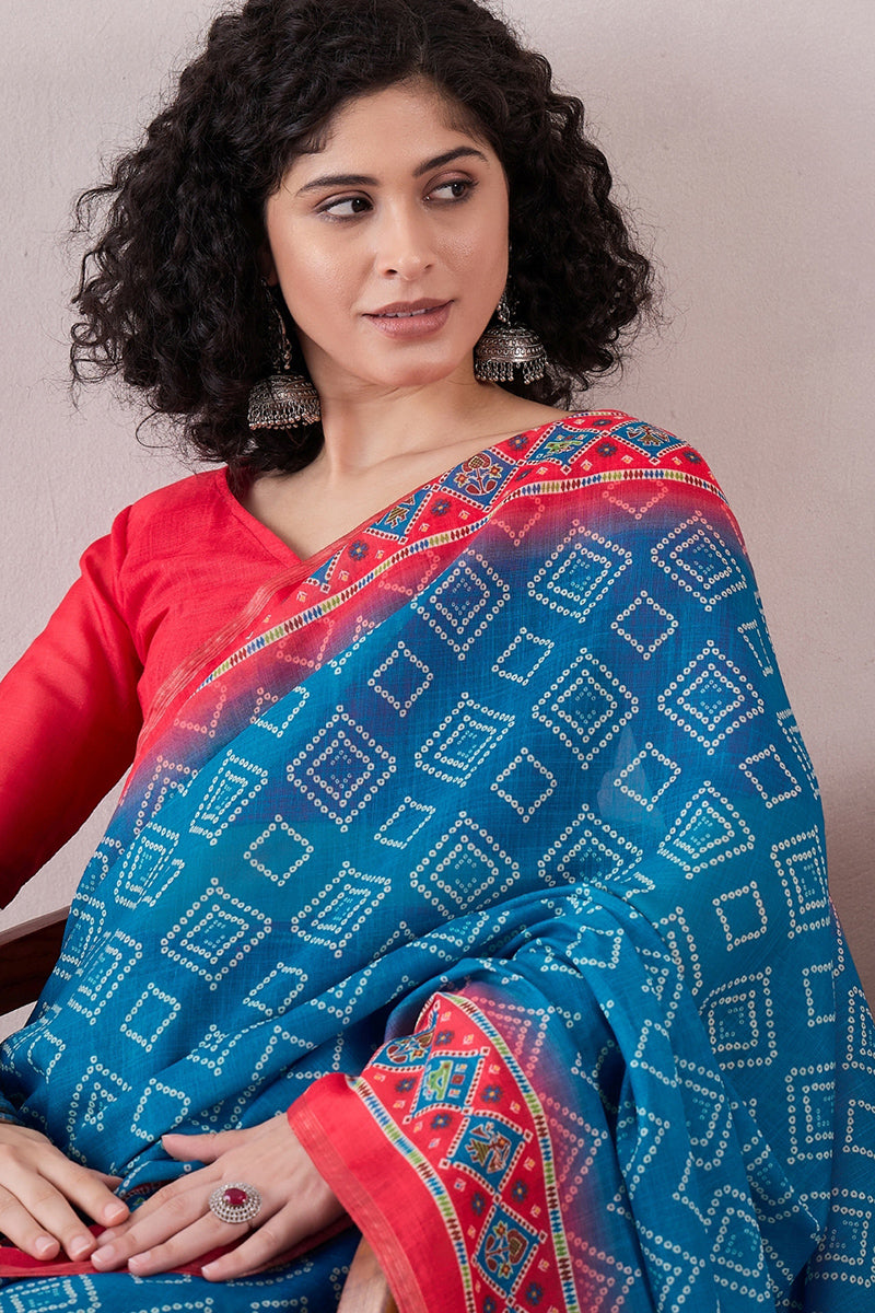 Blue Linen Bandhani Printed Saree With Blouse Piece VFSAR1044