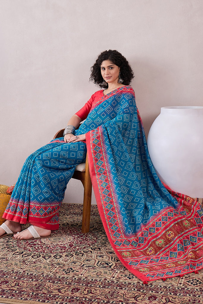 Blue Linen Bandhani Printed Saree With Blouse Piece VFSAR1044