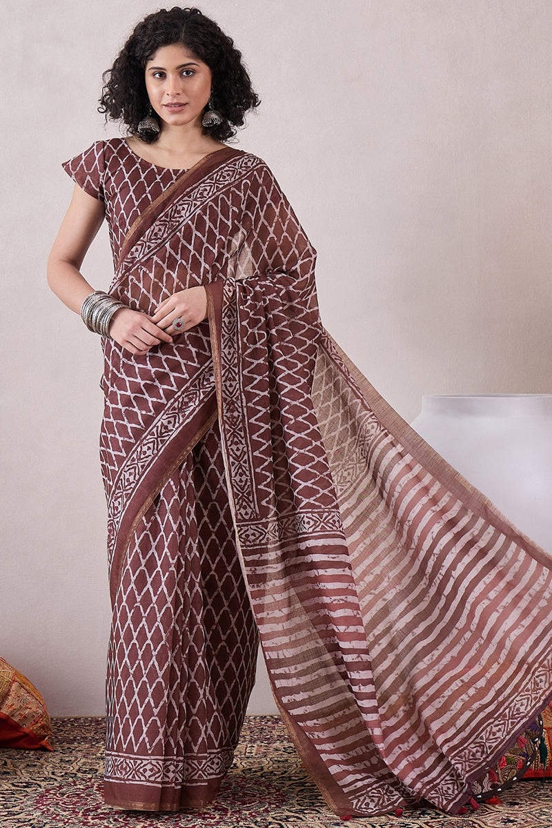 Brown Linen Dabu Printed Saree With Blouse Piece VFSAR1045